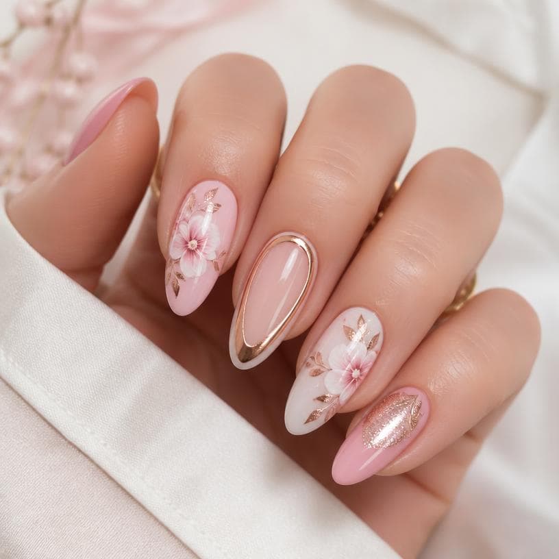 Nail art delicada com flores e rosé gold